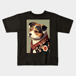 Brown and White dog with green robe - Japanese style Kids T-Shirt